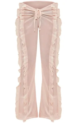 Discount PrettyLittleThing Chiffon Ruffle Dipped Waist Flared Pants Cream