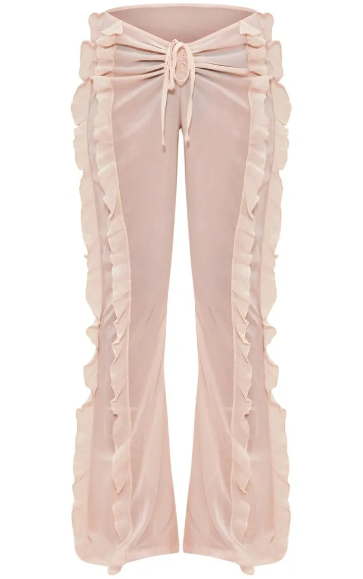 Discount PrettyLittleThing Chiffon Ruffle Dipped Waist Flared Pants Cream