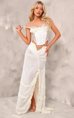 Cream Chiffon Ruffled Hem Detail Split Thigh Maxi Skirt