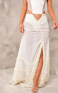 Cream Chiffon Ruffled Hem Detail Split Thigh Maxi Skirt