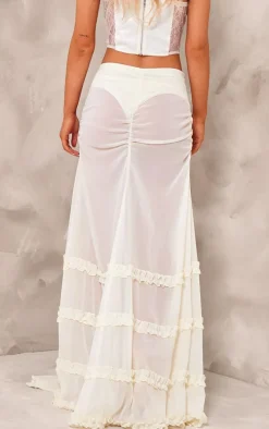 Cream Chiffon Ruffled Hem Detail Split Thigh Maxi Skirt