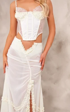 Cream Chiffon Ruffled Hem Detail Split Thigh Maxi Skirt