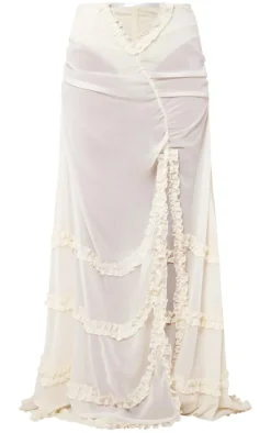 Cream Chiffon Ruffled Hem Detail Split Thigh Maxi Skirt