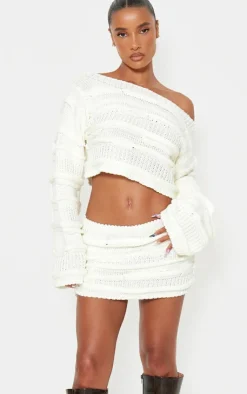 Hot PrettyLittleThing Chunky Raised Contrast Knit Mini Skirt Cream