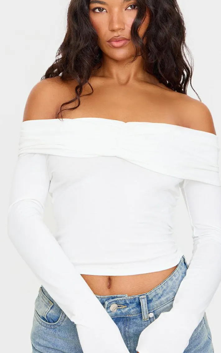 Cream Contour Jersey Ruched Foldover Bardot Crop Top