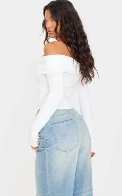 Cream Contour Jersey Ruched Foldover Bardot Crop Top