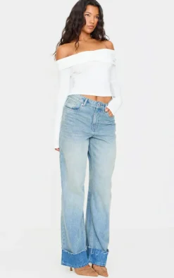 Cream Contour Jersey Ruched Foldover Bardot Crop Top