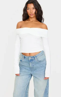 Cream Contour Jersey Ruched Foldover Bardot Crop Top