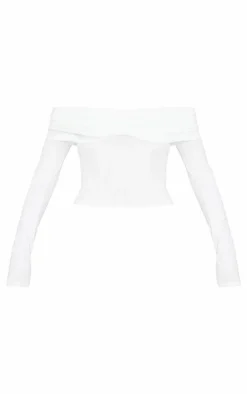 Cream Contour Jersey Ruched Foldover Bardot Crop Top