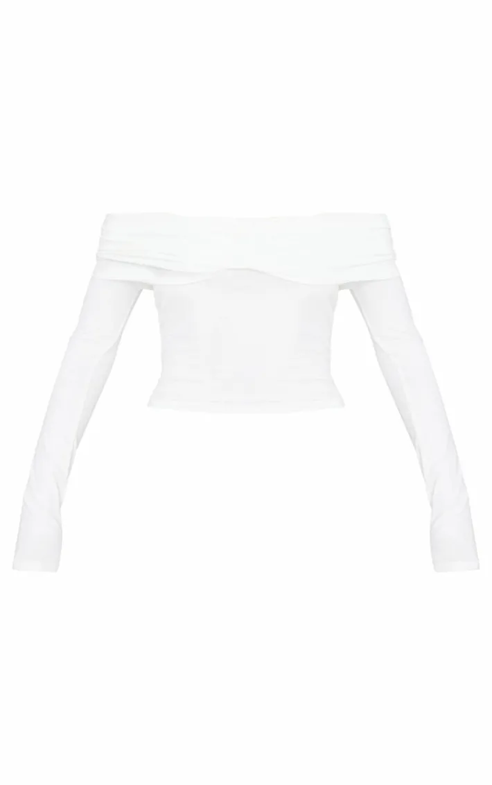 Cream Contour Jersey Ruched Foldover Bardot Crop Top