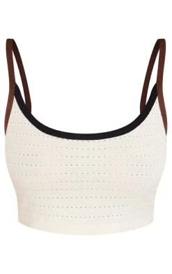 Discount PrettyLittleThing Contrast Binding Crochet Knit Crop Top Cream