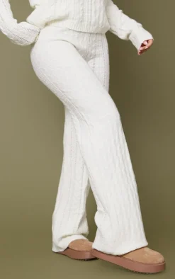 Cream Contrast Cable Knit Pants