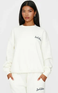 Hot PrettyLittleThing Contrast Embroidered Saint Louis Oversize Sweatshirt Cream