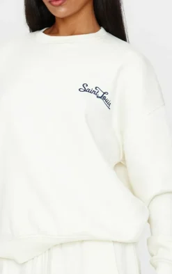 Hot PrettyLittleThing Contrast Embroidered Saint Louis Oversize Sweatshirt Cream