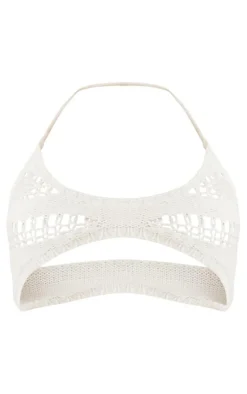 Clearance PrettyLittleThing Contrast Open Crochet Knit Plunge Bralet Cream
