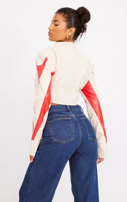 PrettyLittleThing Faux Leather Jackets*Contrast Panel Detail Dipped Front Faux Leather Jacket