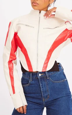 PrettyLittleThing Faux Leather Jackets*Contrast Panel Detail Dipped Front Faux Leather Jacket