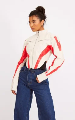 PrettyLittleThing Faux Leather Jackets*Contrast Panel Detail Dipped Front Faux Leather Jacket
