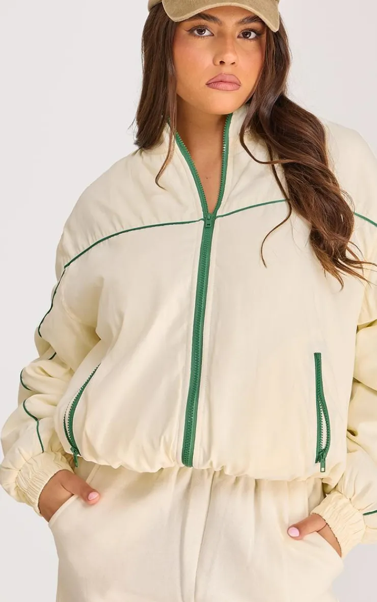 PrettyLittleThing Cream Sweatsuits*Contrast Piping Puffed Soft Touch Track Jacket