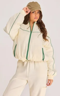 PrettyLittleThing Cream Sweatsuits*Contrast Piping Puffed Soft Touch Track Jacket