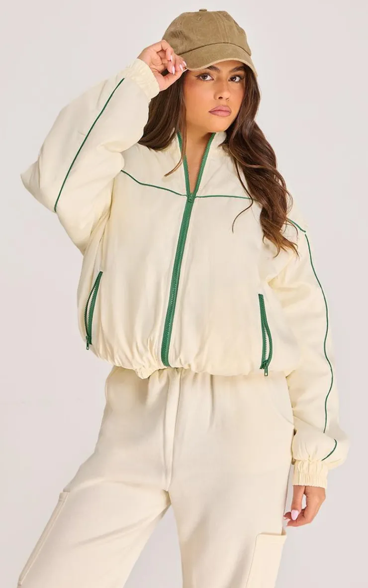 PrettyLittleThing Cream Sweatsuits*Contrast Piping Puffed Soft Touch Track Jacket