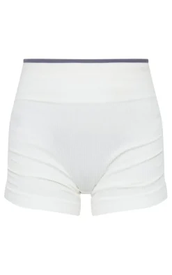 Best PrettyLittleThing Contrast Snatched Rib Ruched Side Hotpants Cream