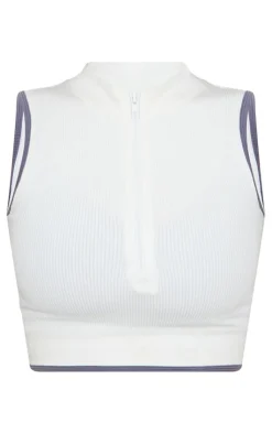New PrettyLittleThing Contrast Snatched Rib Zip Neck Top Cream