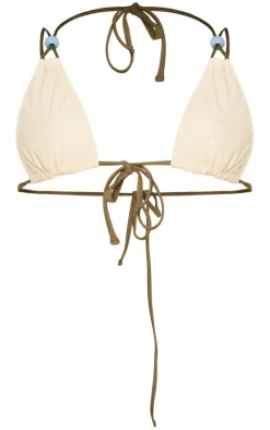 Cream Contrast Strap Tie Waist Beaded Bikini Top
