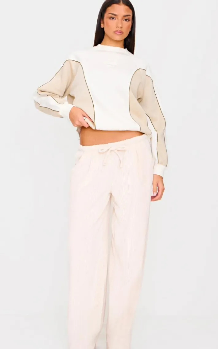Cream Cord Low Rise Drawstring Wide Leg Pants