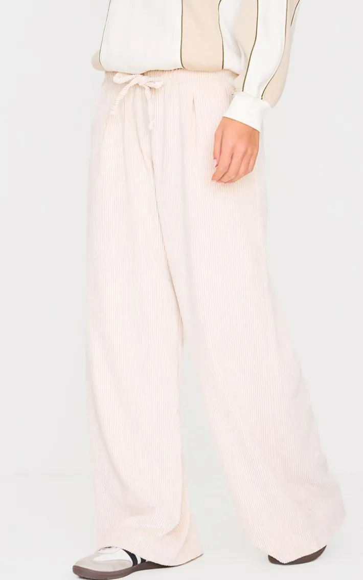 Cream Cord Low Rise Drawstring Wide Leg Pants