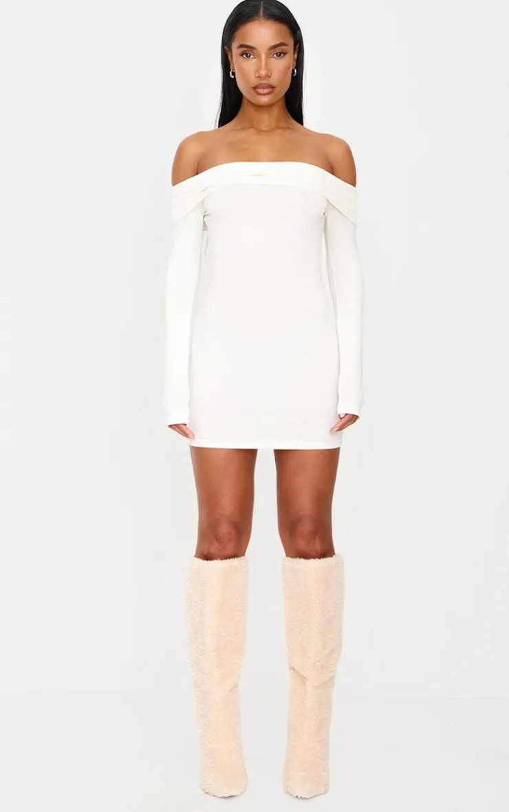 Cotton Bardot Fold Over Mini Dress-PrettyLittleThing Online