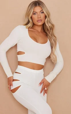 Cream Crinkle Rib Cut Out Detail Long Sleeve Top