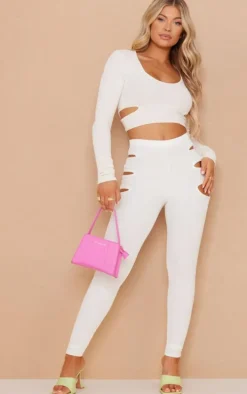 Cream Crinkle Rib Cut Out Detail Long Sleeve Top