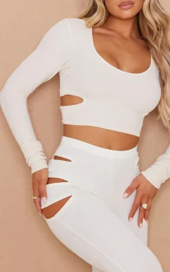 Cream Crinkle Rib Cut Out Detail Long Sleeve Top