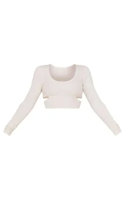 Cream Crinkle Rib Cut Out Detail Long Sleeve Top