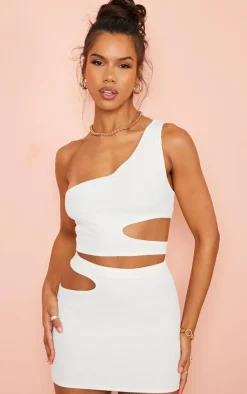 Outlet PrettyLittleThing Crinkle Rib Cut Out Waist Mini Skirt Cream