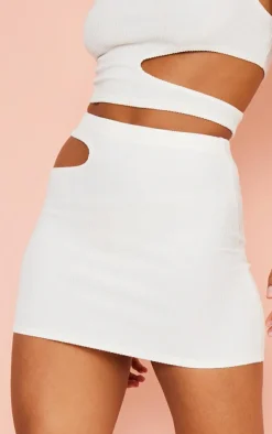Outlet PrettyLittleThing Crinkle Rib Cut Out Waist Mini Skirt Cream
