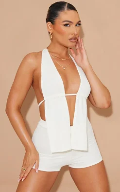 Sale PrettyLittleThing Crinkle Rib Hot Pants Cream