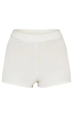 Sale PrettyLittleThing Crinkle Rib Hot Pants Cream