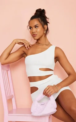 Discount PrettyLittleThing Crinkle Rib One Shoulder Cut Out Crop Top Cream