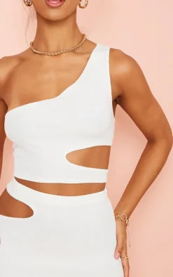 Discount PrettyLittleThing Crinkle Rib One Shoulder Cut Out Crop Top Cream