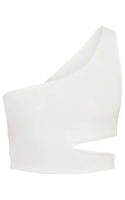 Discount PrettyLittleThing Crinkle Rib One Shoulder Cut Out Crop Top Cream