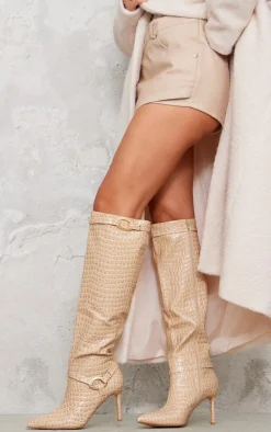 PrettyLittleThing Knee High Boots*Croc PU Point Toe Ring Detail Knee High Heeled Boots