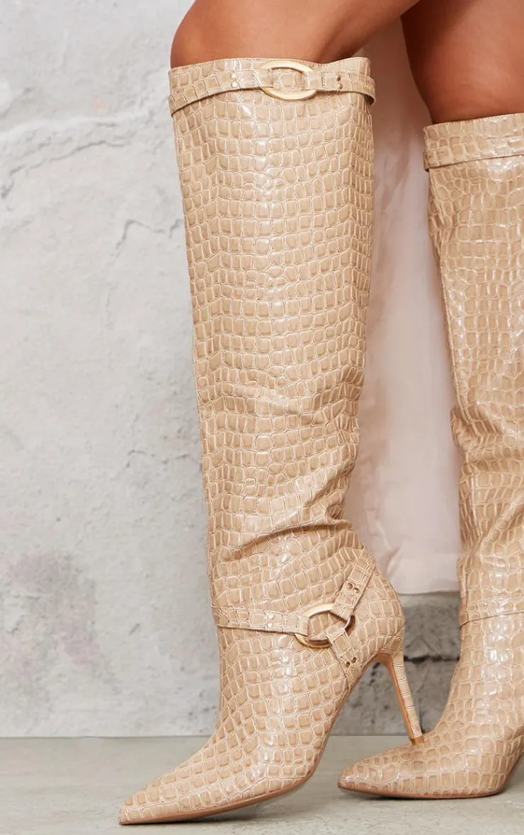 PrettyLittleThing Knee High Boots*Croc PU Point Toe Ring Detail Knee High Heeled Boots
