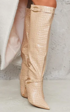 PrettyLittleThing Knee High Boots*Croc PU Point Toe Ring Detail Knee High Heeled Boots