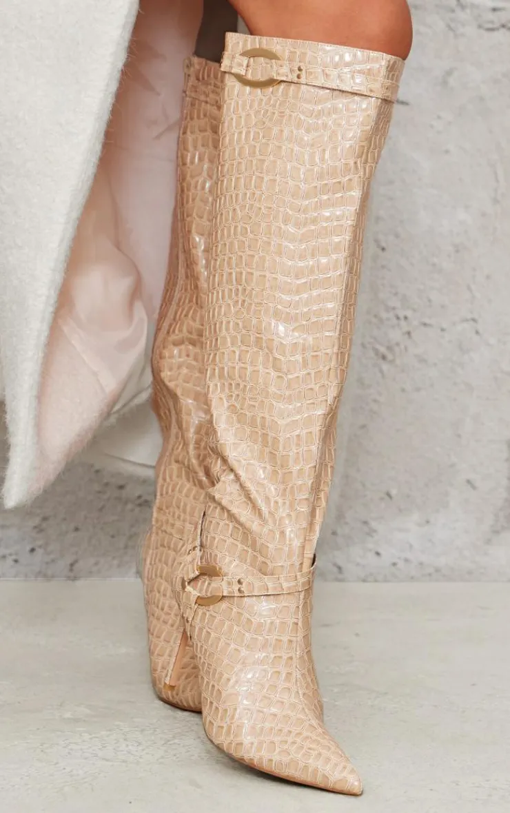 PrettyLittleThing Knee High Boots*Croc PU Point Toe Ring Detail Knee High Heeled Boots