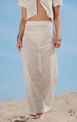 Discount PrettyLittleThing Crochet Floral Knit Maxi Skirt Cream