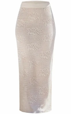 Discount PrettyLittleThing Crochet Floral Knit Maxi Skirt Cream