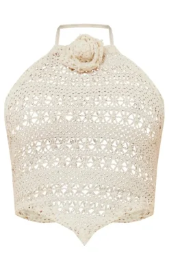 Cream Crochet Flower Detail Halterneck Beach Top