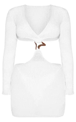 Cream Crochet Gold Trim Cut Out Beach Dress